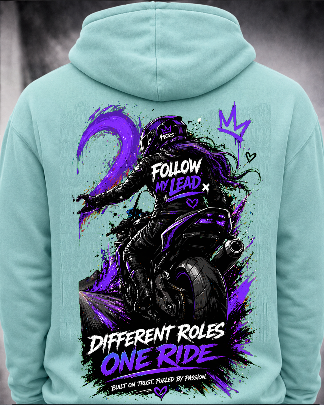 Follow My Lead aqua hoodie back print