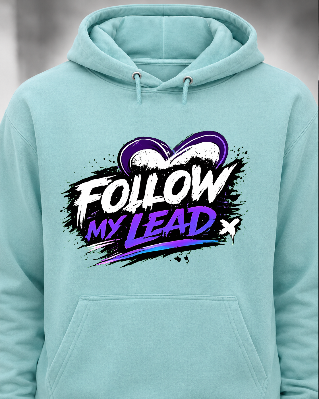 Follow My Lead aqua hoodie front with Chicken Strips artwork