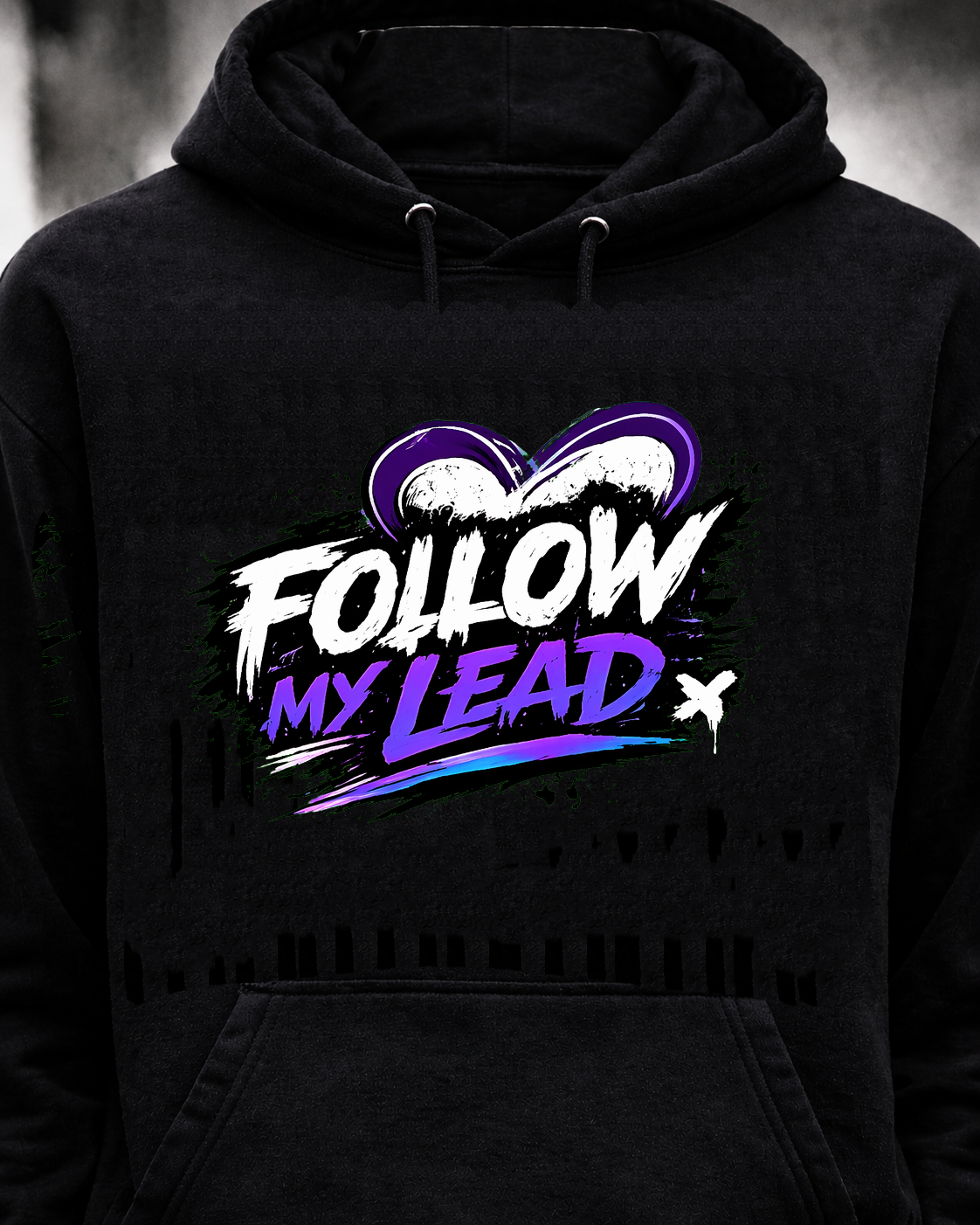 Follow My Lead black hoodie front with Chicken Strips artwork