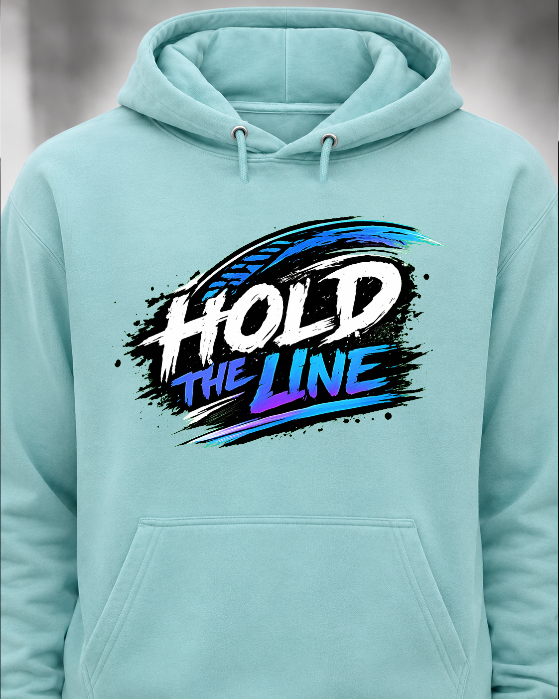 Hold The Line aqua hoodie front with Chicken Strips artwork