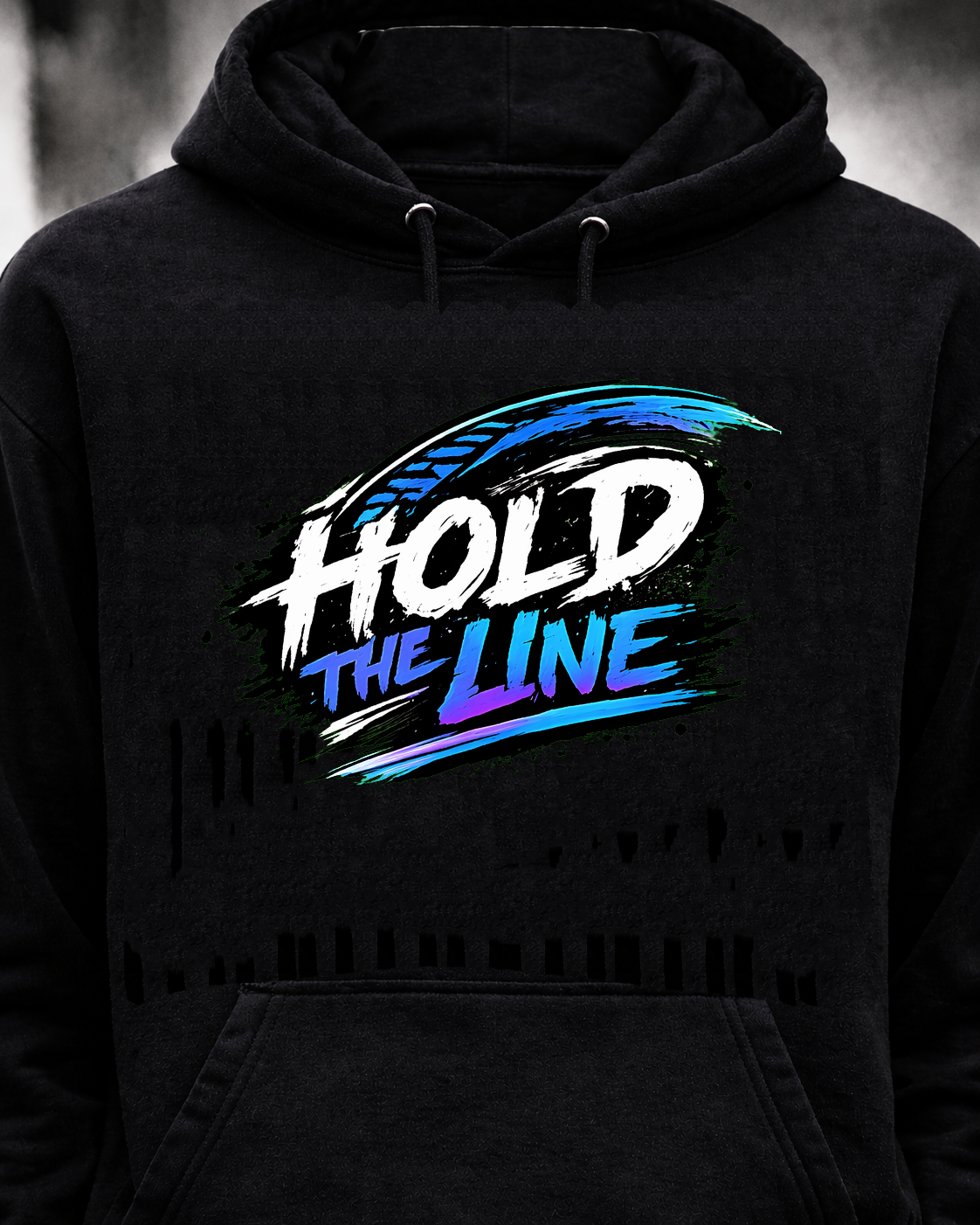 Hold The Line black hoodie front with Chicken Strips artwork