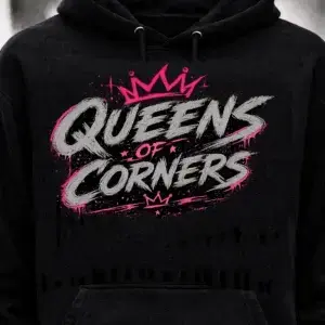 Queens of Corners hoodie front reflective design