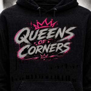 Queens of Corners hoodie front reflective design