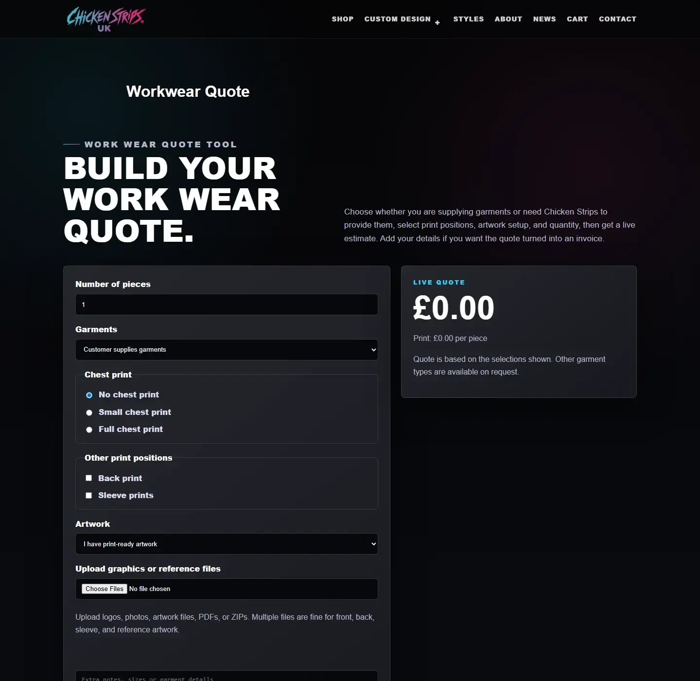 Chicken Strips workwear quote tool
