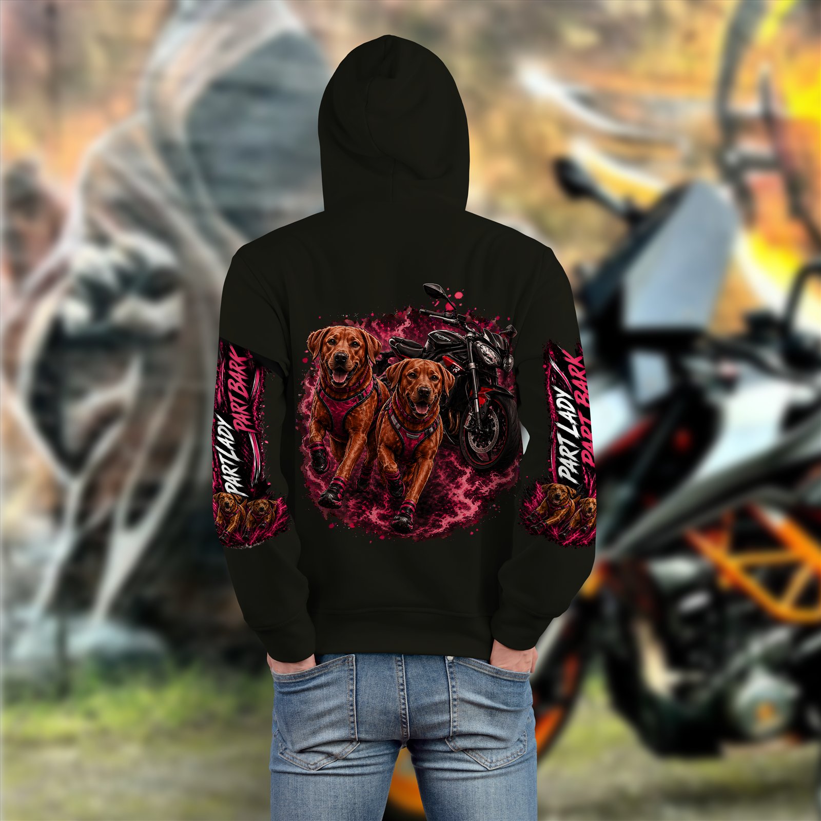 Custom Part Bark hoodie mockup with dogs and bike artwork