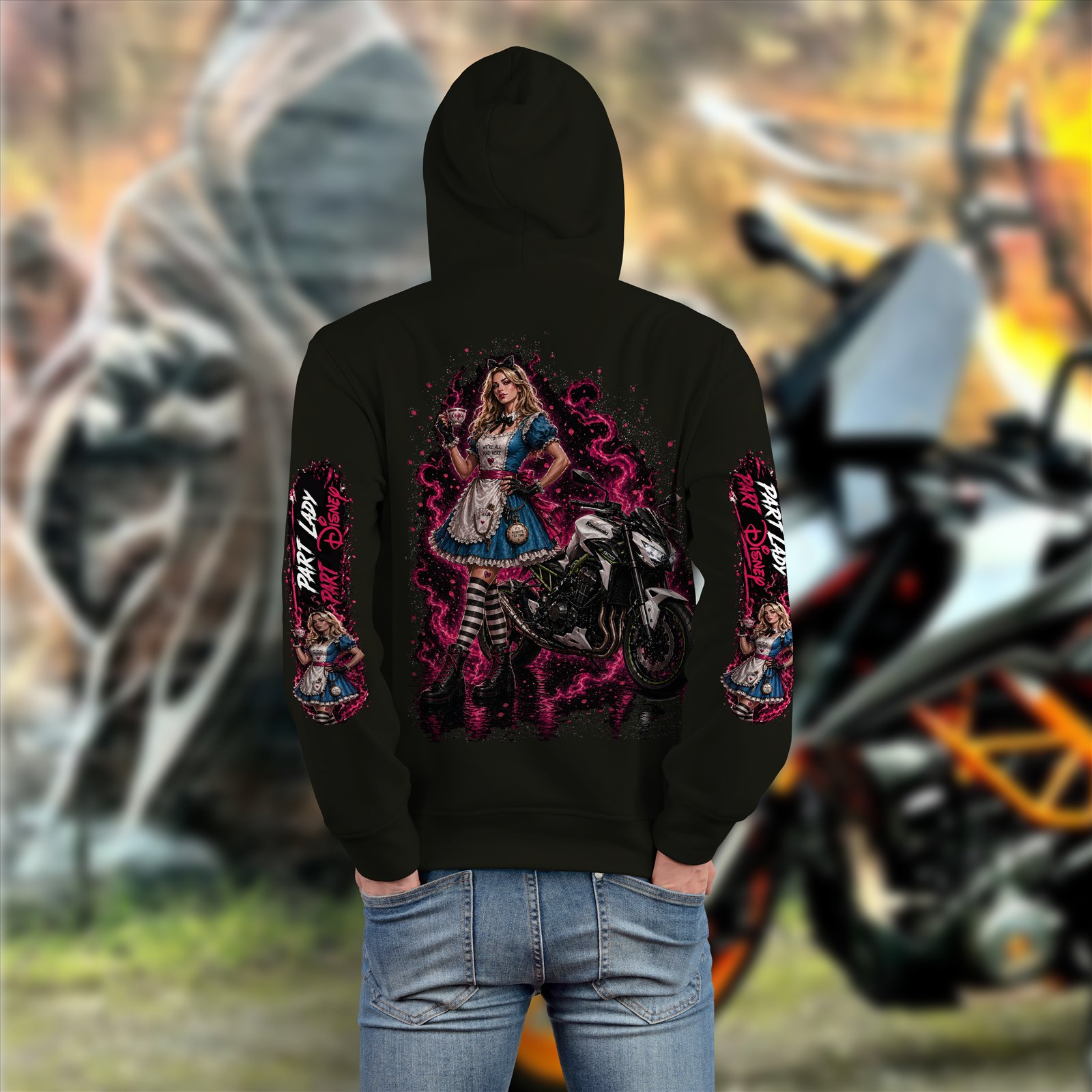 Custom Part Disney hoodie mockup with Alice-inspired rider and motorcycle artwork