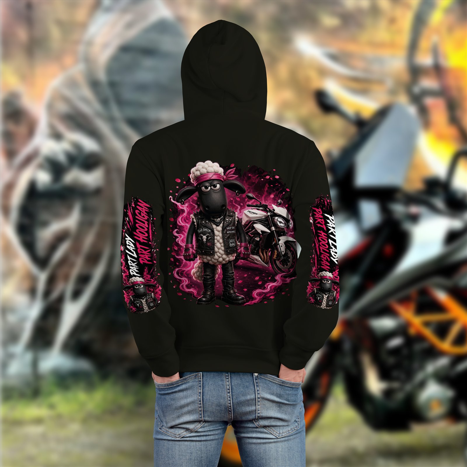 Custom Part Hooligan hoodie mockup with biker sheep and motorcycle artwork