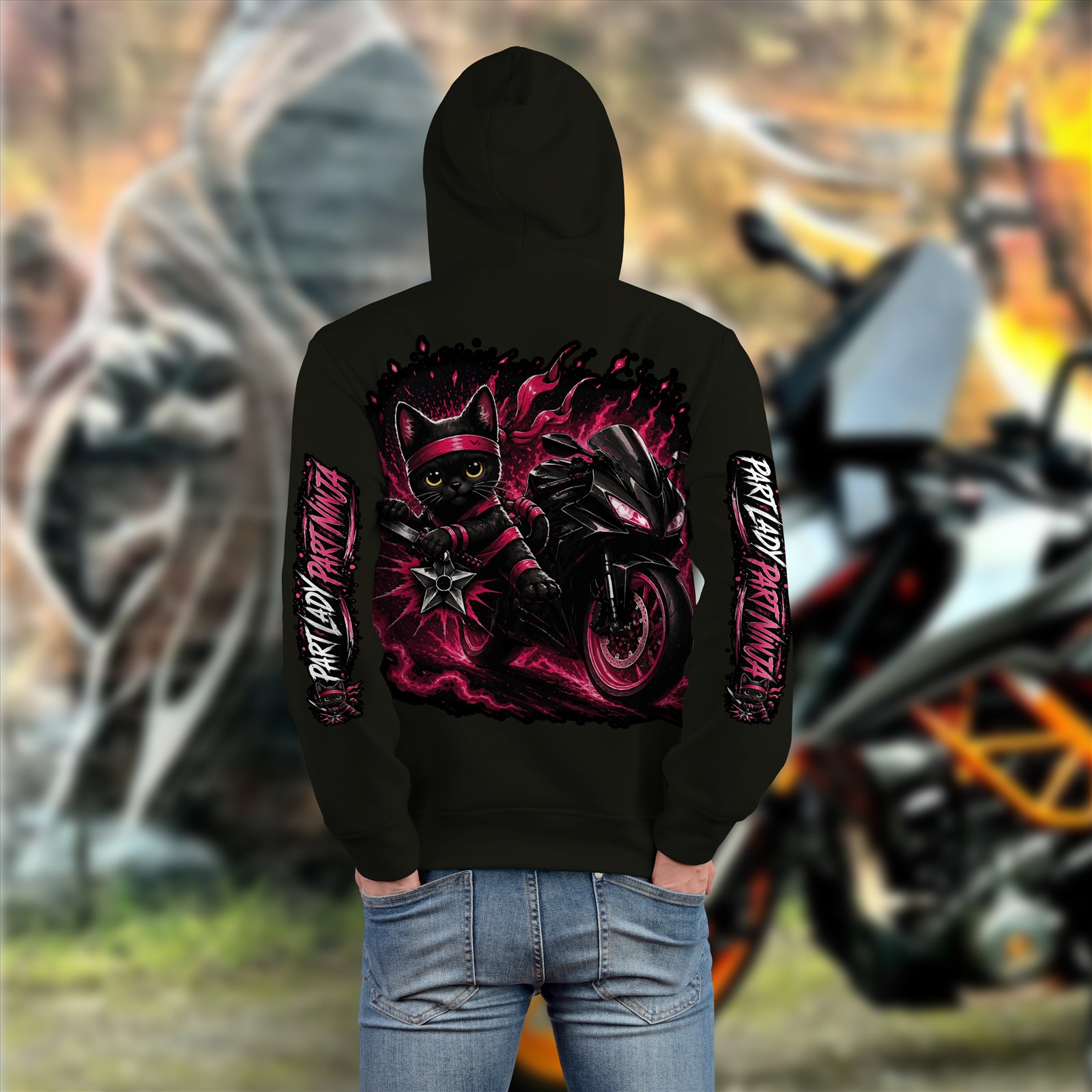 Custom Part Ninja hoodie mockup with ninja cat and motorcycle artwork