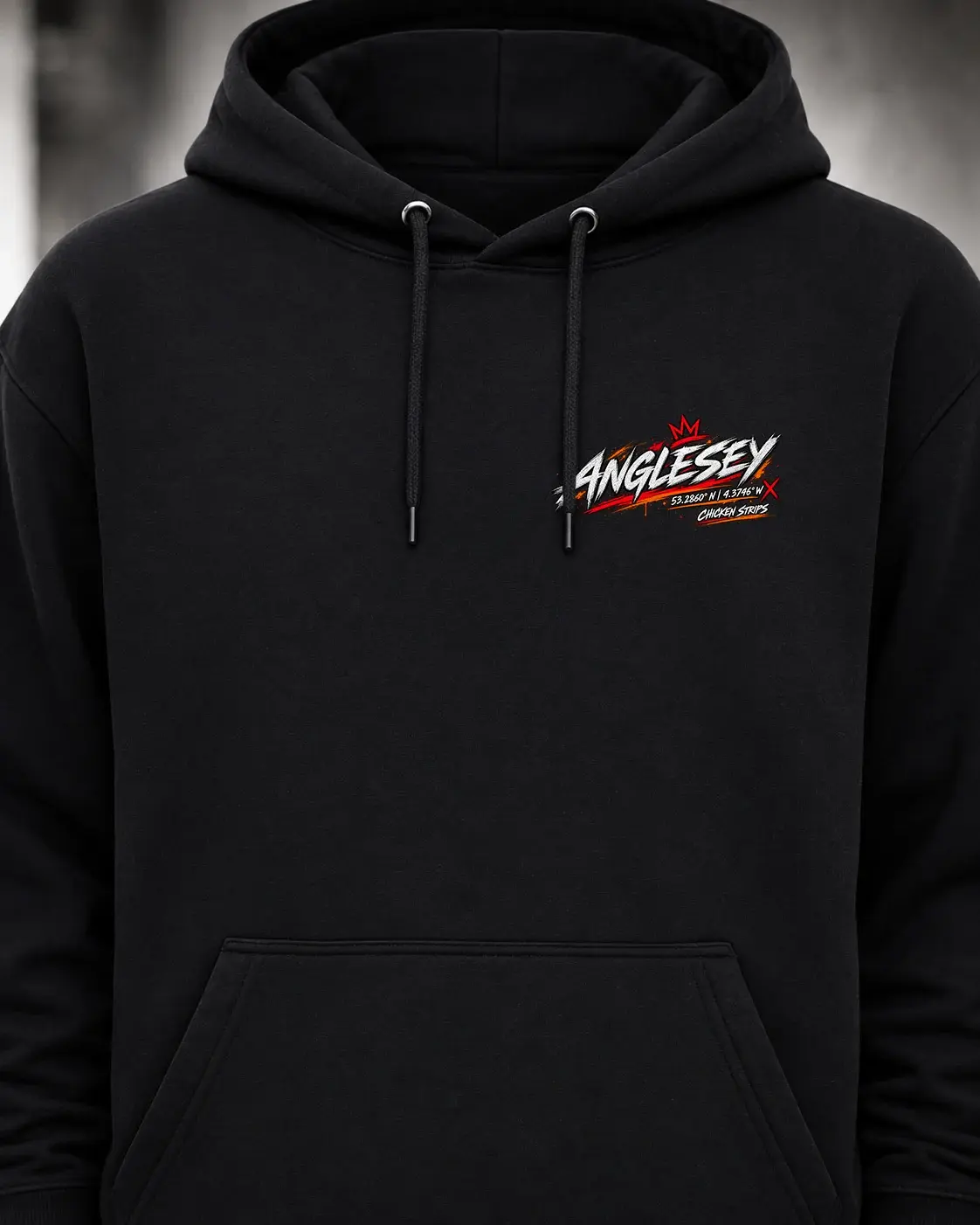 Front view of the black Anglesey Track Hoodie