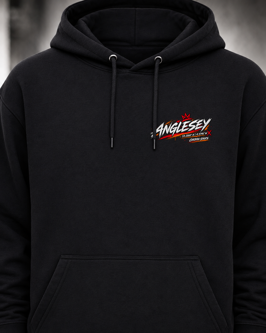 Front view of the black Anglesey Track Hoodie