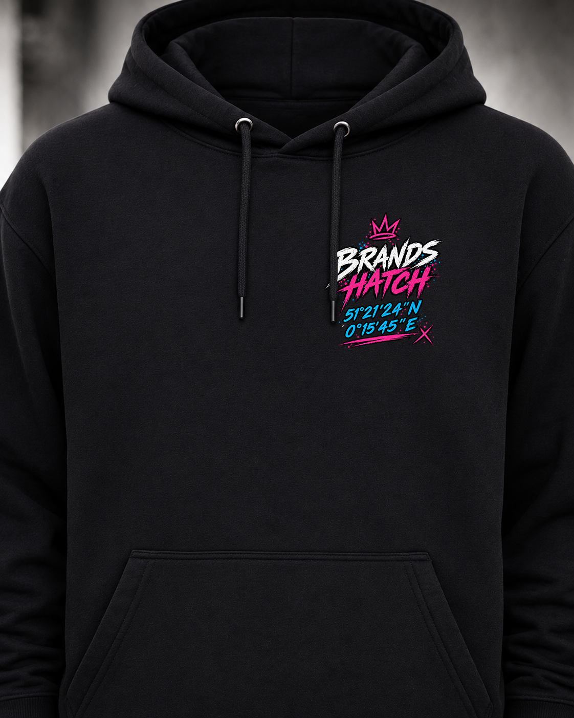 Front view of the black Brands Hatch Track Hoodie