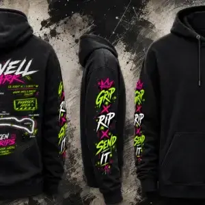 Cadwell Park Track Hoodie shown from the front, back and sleeve