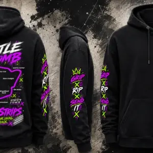 Full design view of the black Castle Combe Track Hoodie