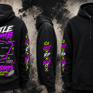 Full design view of the black Castle Combe Track Hoodie