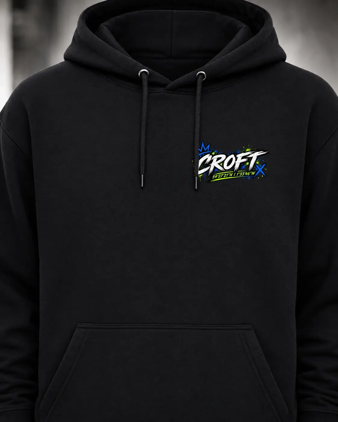 Front view of the black Croft Track Hoodie