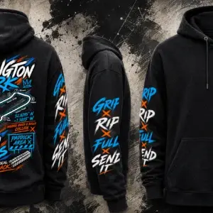 Full design view of the black Donington Park Track Hoodie