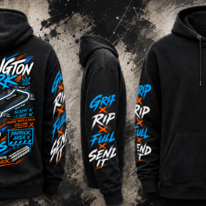 Full design view of the black Donington Park Track Hoodie