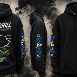 Full design view of the black Knockhill Track Hoodie