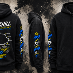 Full design view of the black Knockhill Track Hoodie