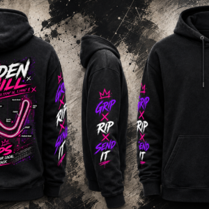 Full design view of the black Lydden Hill Track Hoodie