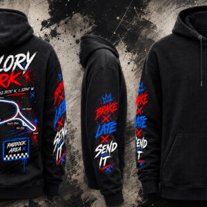 Full design view of the black Mallory Park Track Hoodie