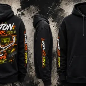 Full design view of the black Oulton Park Track Hoodie