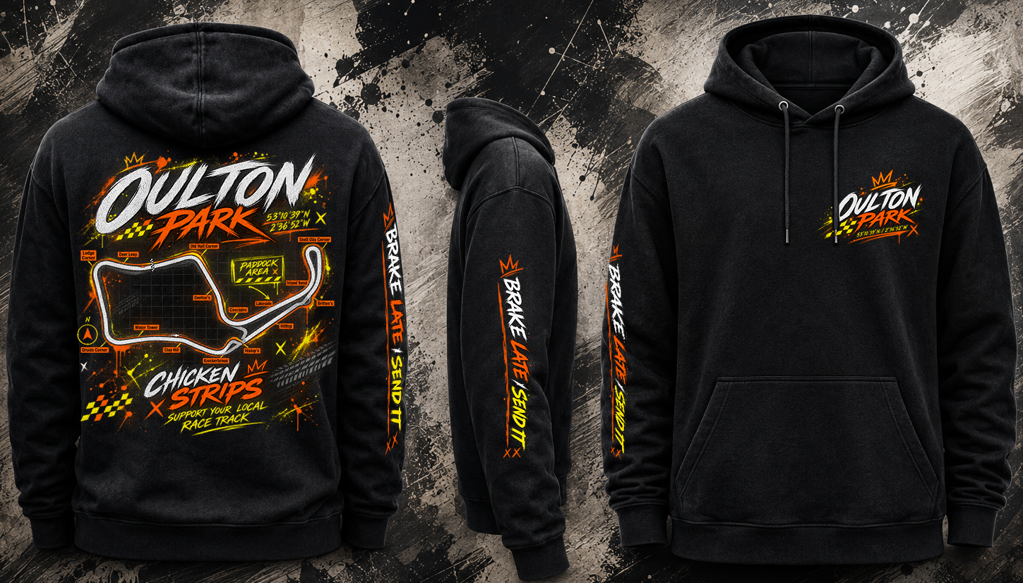 Full design view of the black Oulton Park Track Hoodie