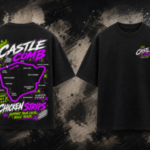 Front and back view of the black Castle Combe Track T-Shirt