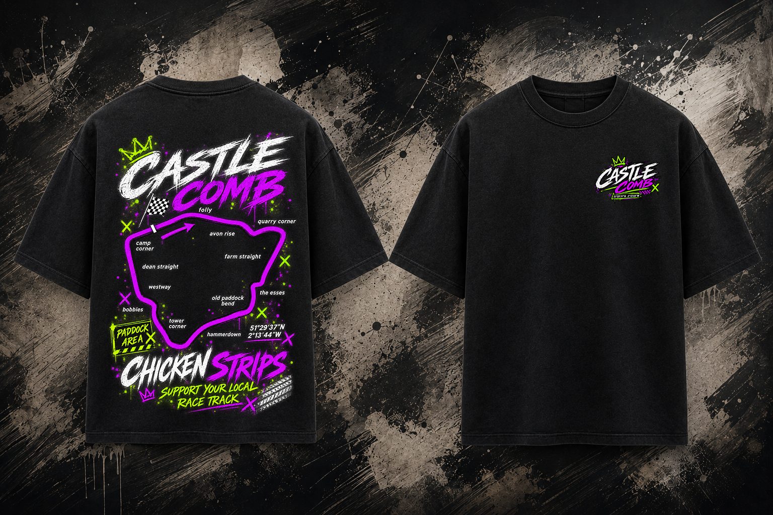 Front and back view of the black Castle Combe Track T-Shirt