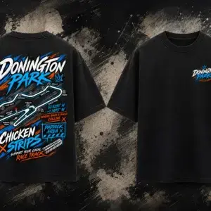 Front and back view of the black Donington Park Track T-Shirt