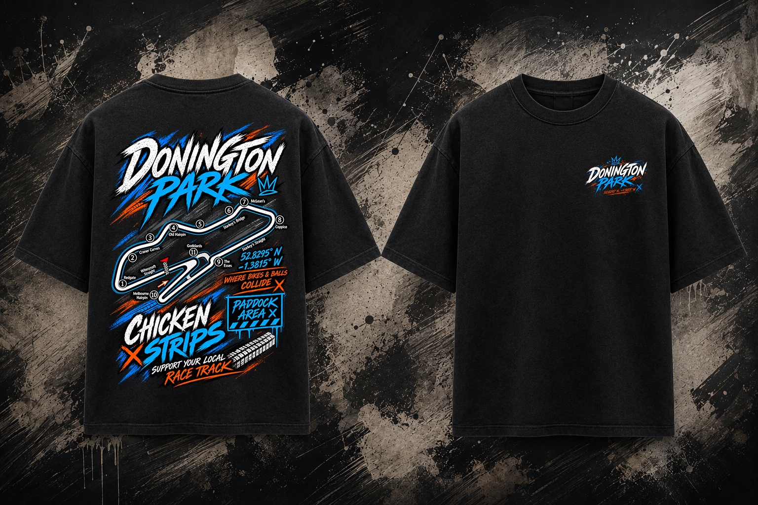 Front and back view of the black Donington Park Track T-Shirt
