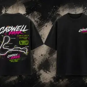 Front and back view of the black Cadwell Park Track T-Shirt