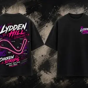 Front and back view of the black Lydden Hill Track T-Shirt