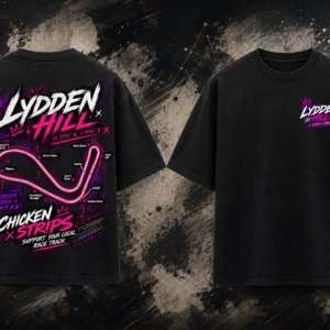 Front and back view of the black Lydden Hill Track T-Shirt