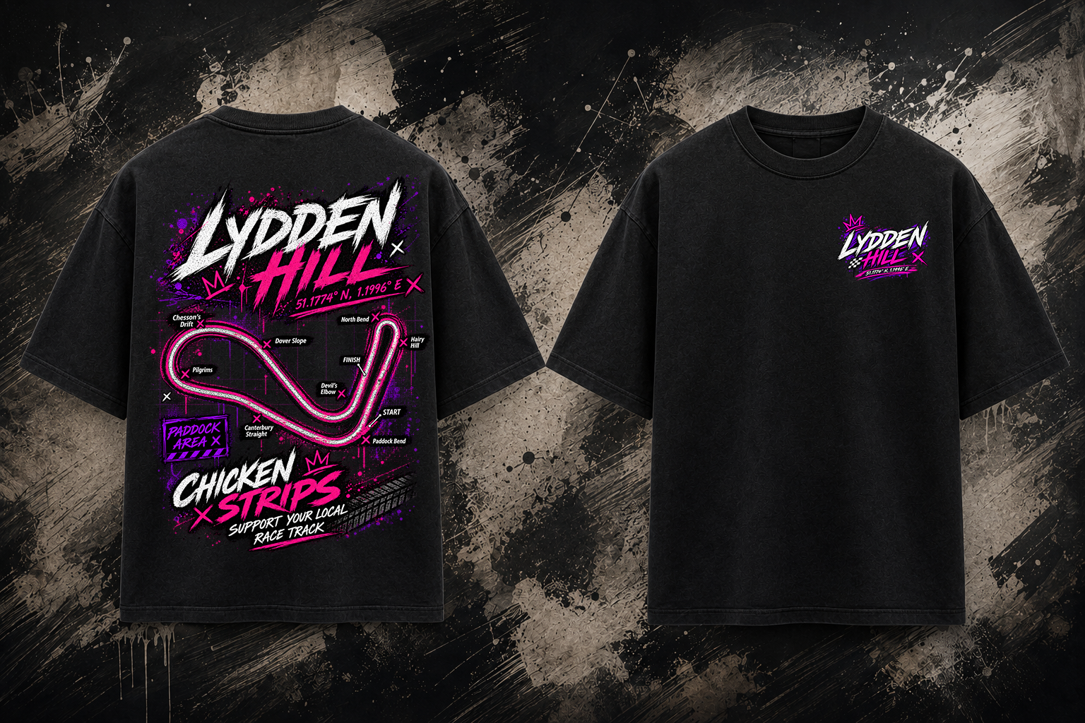 Front and back view of the black Lydden Hill Track T-Shirt