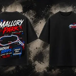 Front and back view of the black Mallory Park Track T-Shirt