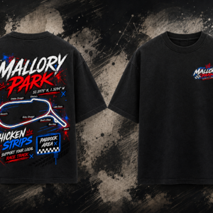 Front and back view of the black Mallory Park Track T-Shirt