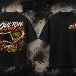 Front and back view of the black Oulton Park Track T-Shirt