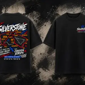 Front and back view of the black Silverstone Track T-Shirt