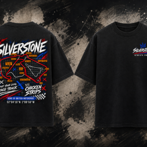 Front and back view of the black Silverstone Track T-Shirt