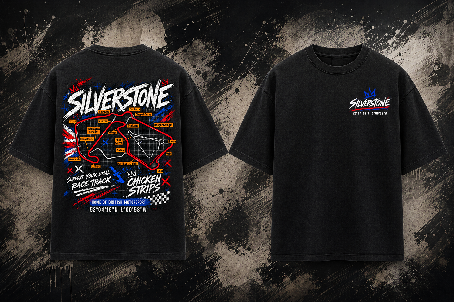Front and back view of the black Silverstone Track T-Shirt