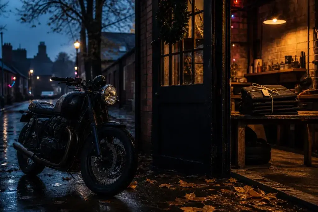 Motorcycle outside a warm independent workshop in late autumn