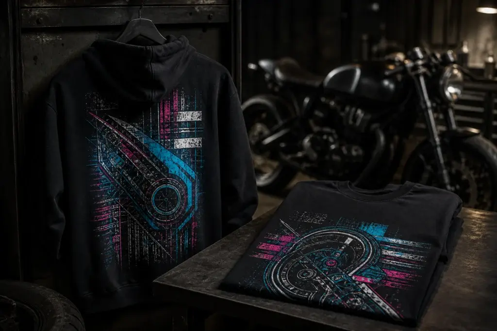 Black motorcycle hoodie and T-shirt in a rider workshop