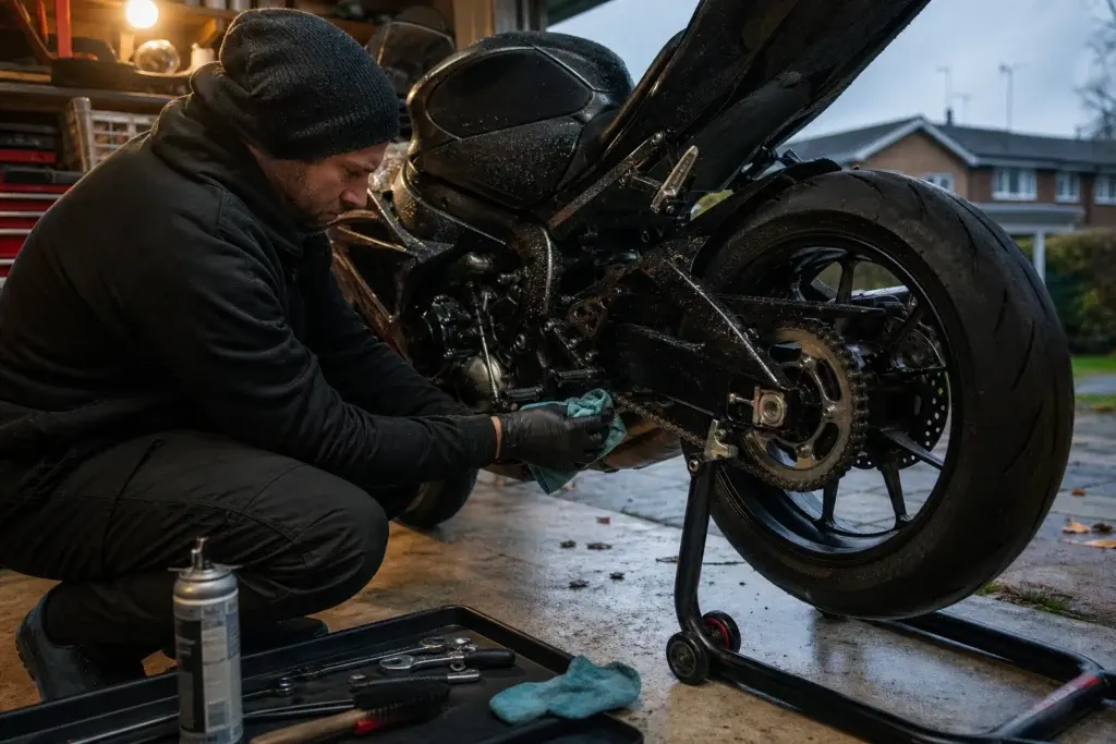 Winter motorcycle maintenance in a home garage