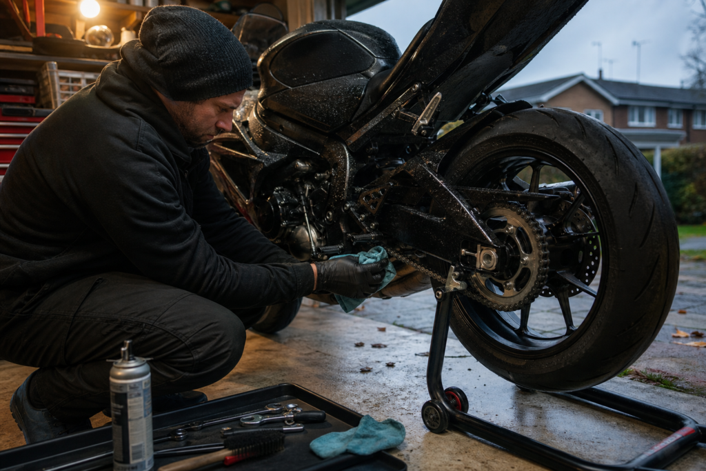 Winter motorcycle maintenance in a home garage