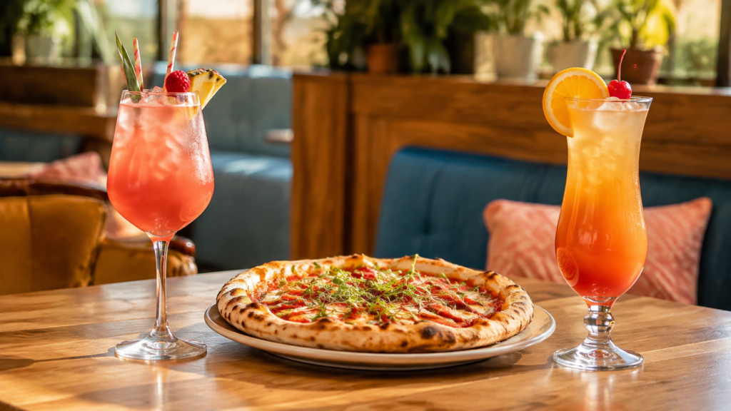 Rumbingo and Sex on the Beach cocktails with pizza at bottomless brunch
