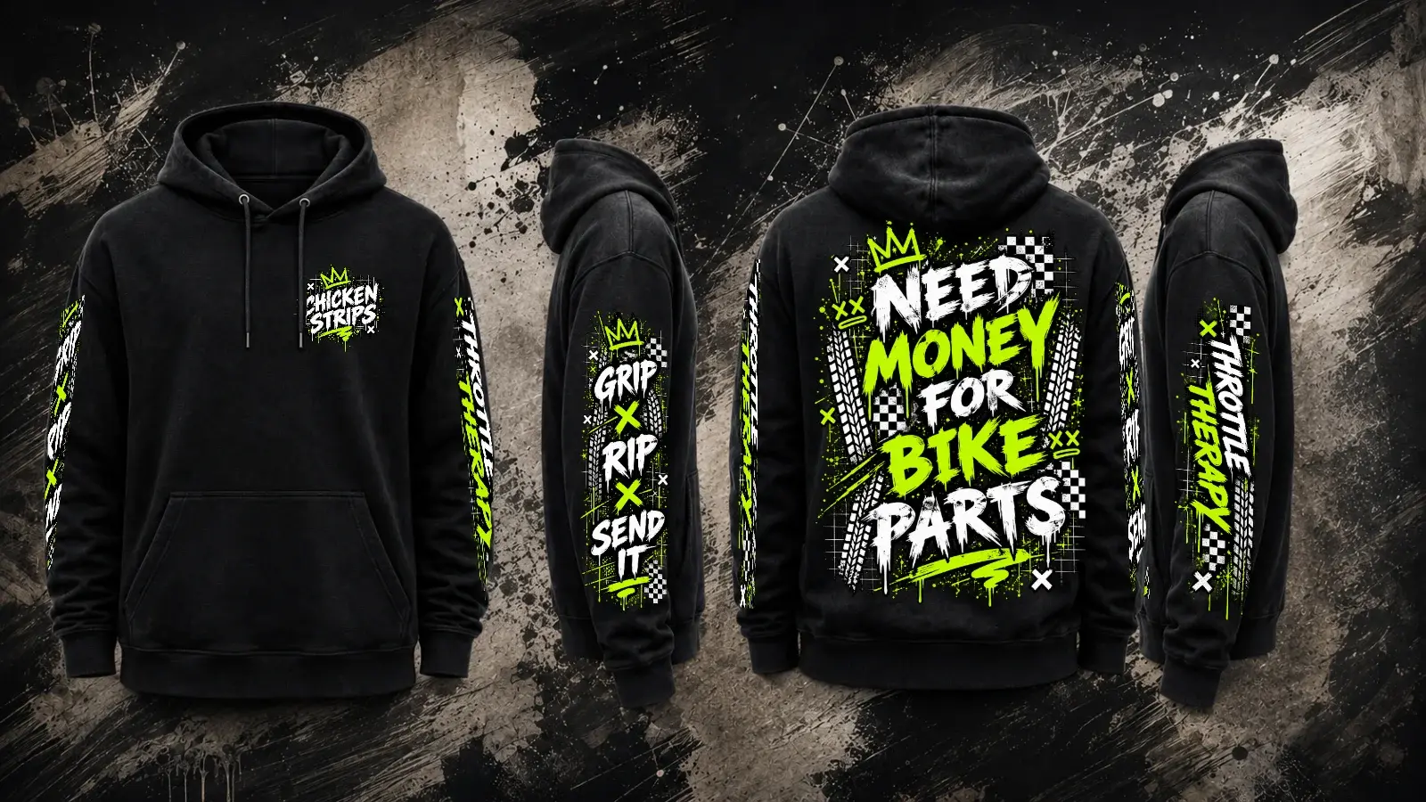 Black Bike Parts Hoodie with neon green and white motorcycle slogan artwork