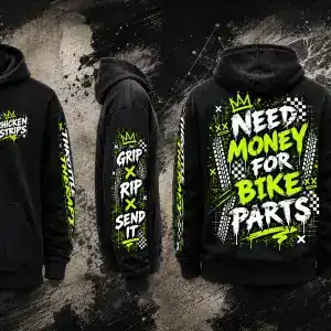 Black Bike Parts Hoodie with neon green and white motorcycle slogan artwork